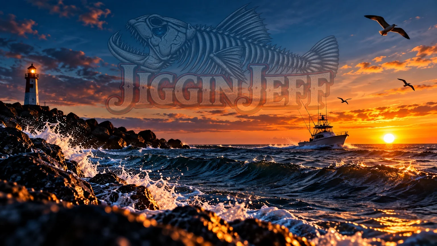 Jiggin Jeff coastal fishing sunset with lighthouse and fishing boat