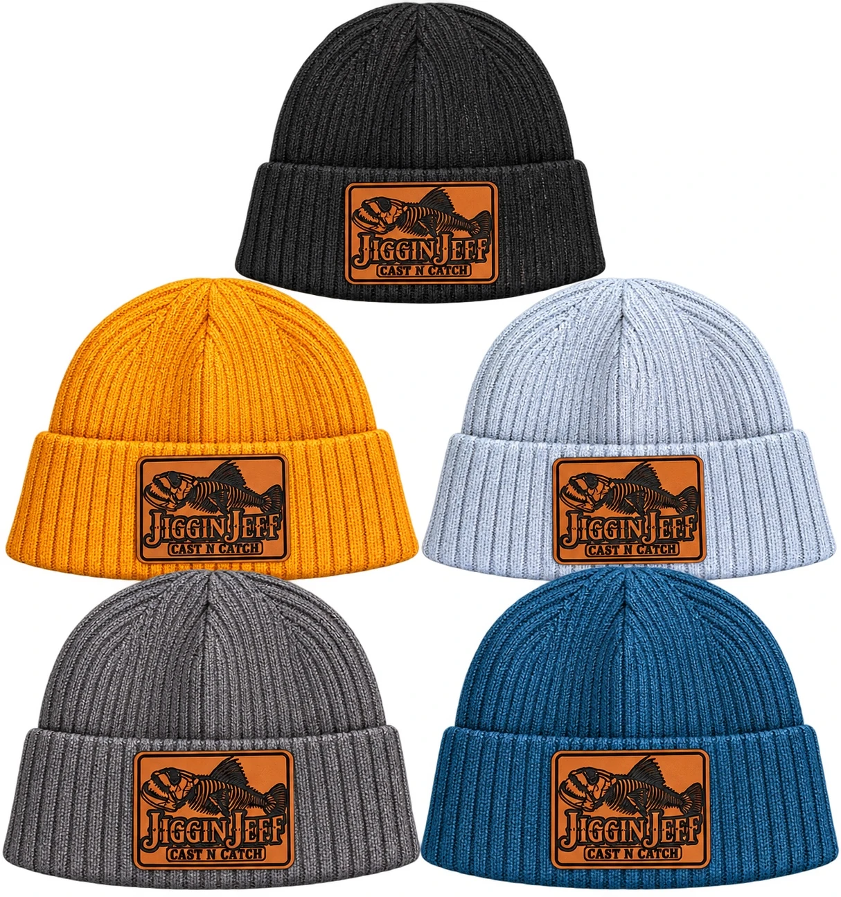 Five Jiggin Jeff knit beanies in Olive Green, Mustard, Smokey Blue, Charcoal Gray and Royal Blue
