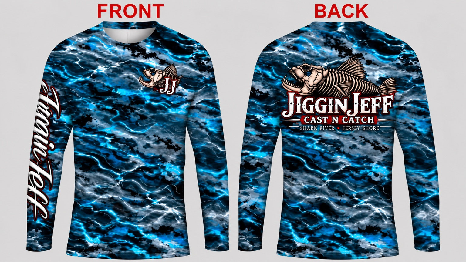 Blue Riptide UPF 50 performance fishing shirt, original front and back views