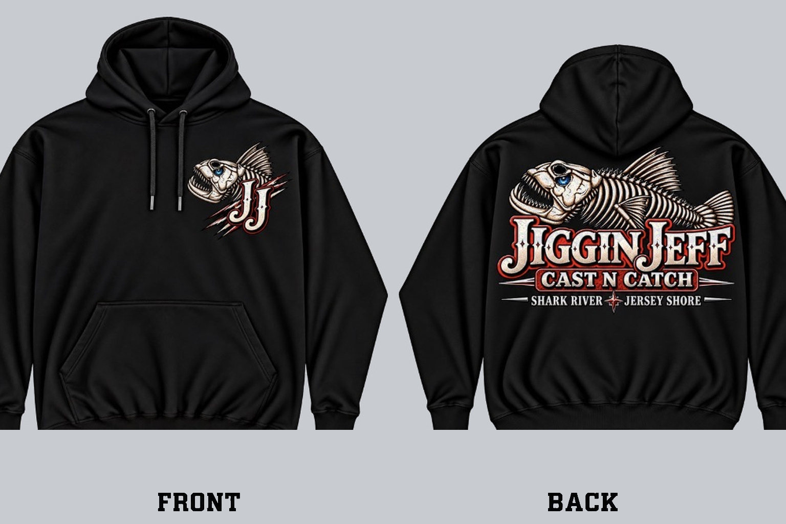 Front and back of black Jiggin Jeff Cast N Catch hoodie