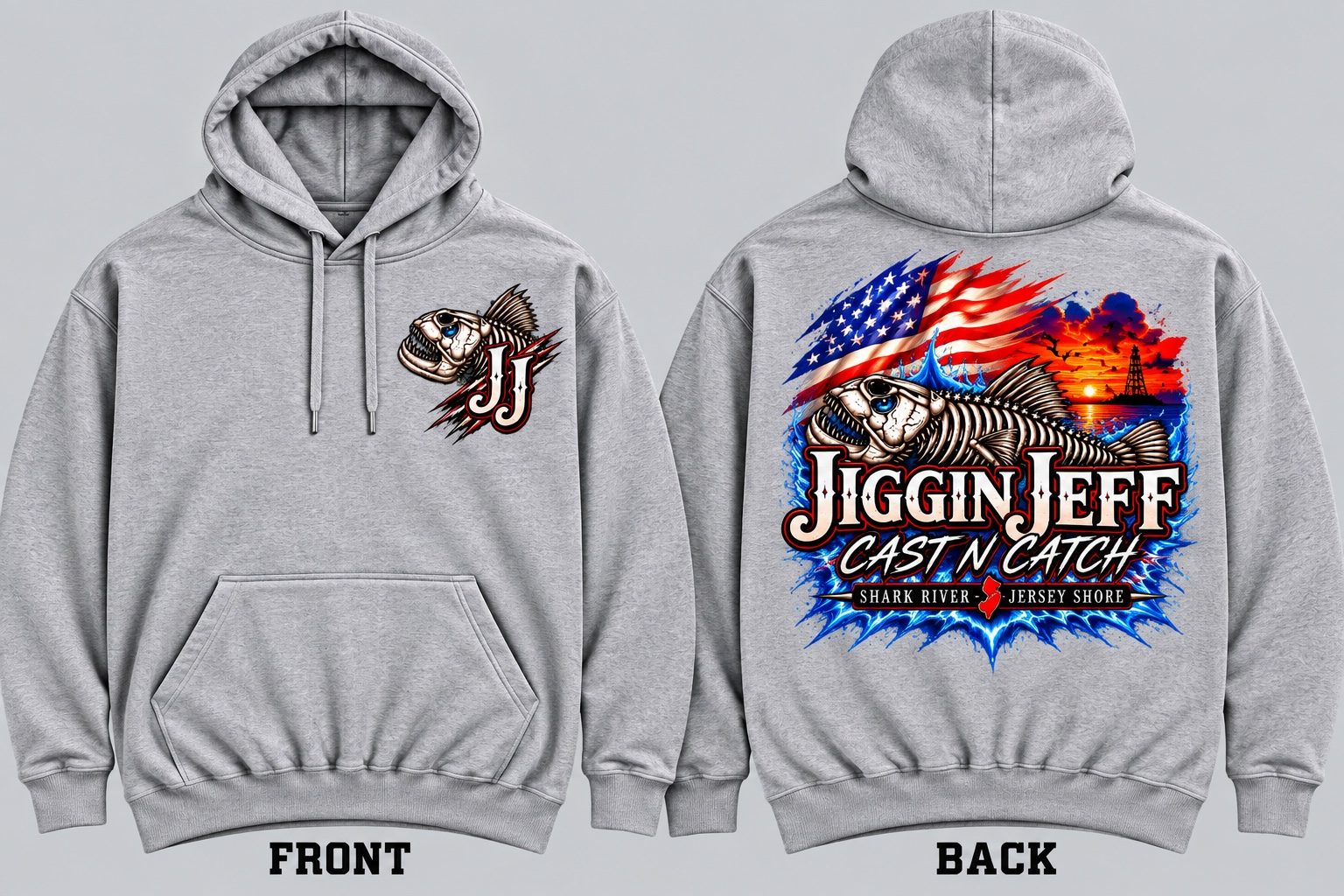 Front and back of Red White N Jiggin gray hoodie