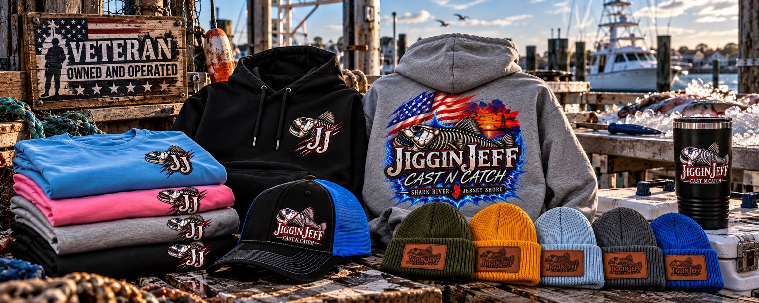 Jiggin Jeff merch collection with Veteran Owned and Operated sign