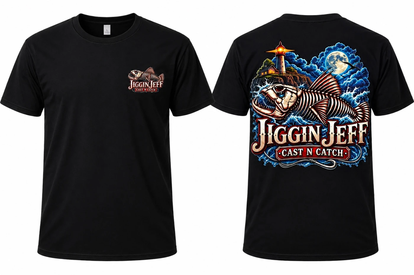 Front and back of black Jiggin Jeff lighthouse men's cotton T-shirt