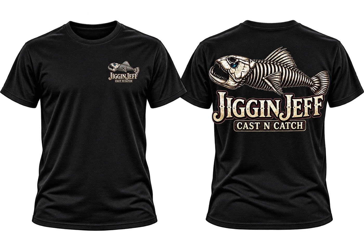 Front and back of black OG Jiggin Jeff men's cotton T-shirt