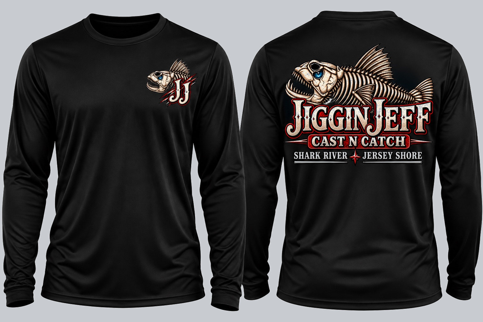 Front and back of black Jiggin Jeff Salty Swagg men's 100% cotton long-sleeve shirt