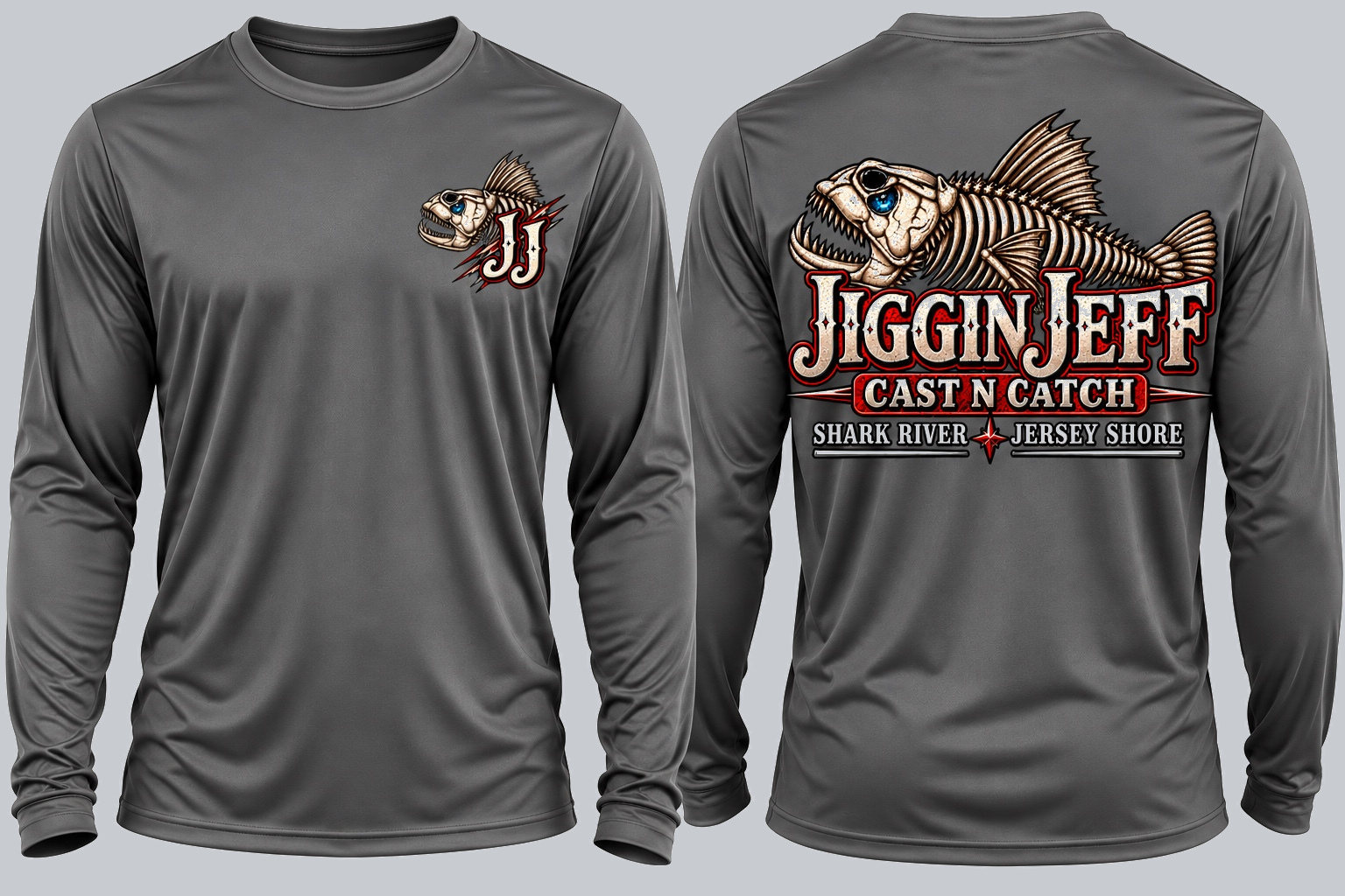 Front and back of gray Jiggin Jeff Salty Swagg men's 100% cotton long-sleeve shirt
