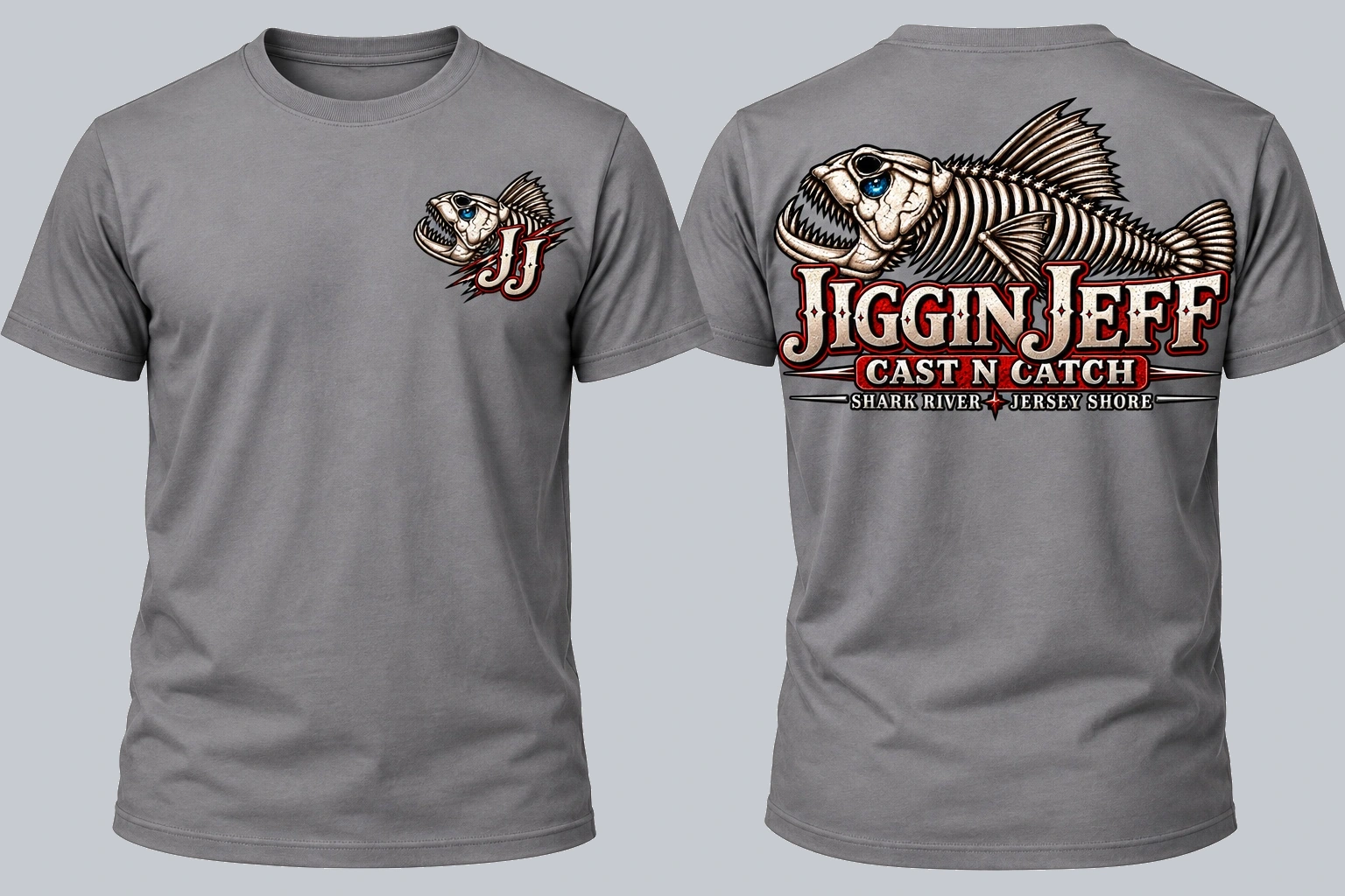 Front and back of gray men's Jiggin Jeff Salty Swagg cotton T-shirt