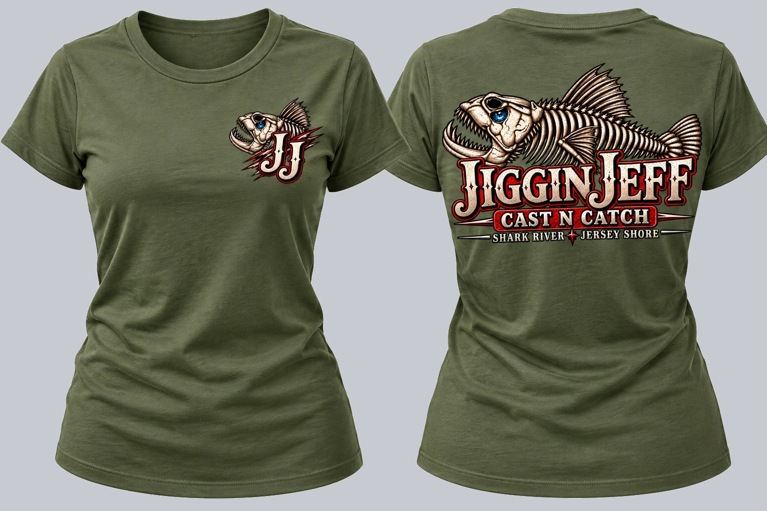 Front and back of army green women's Jiggin Jeff Salty Swagg cotton T-shirt
