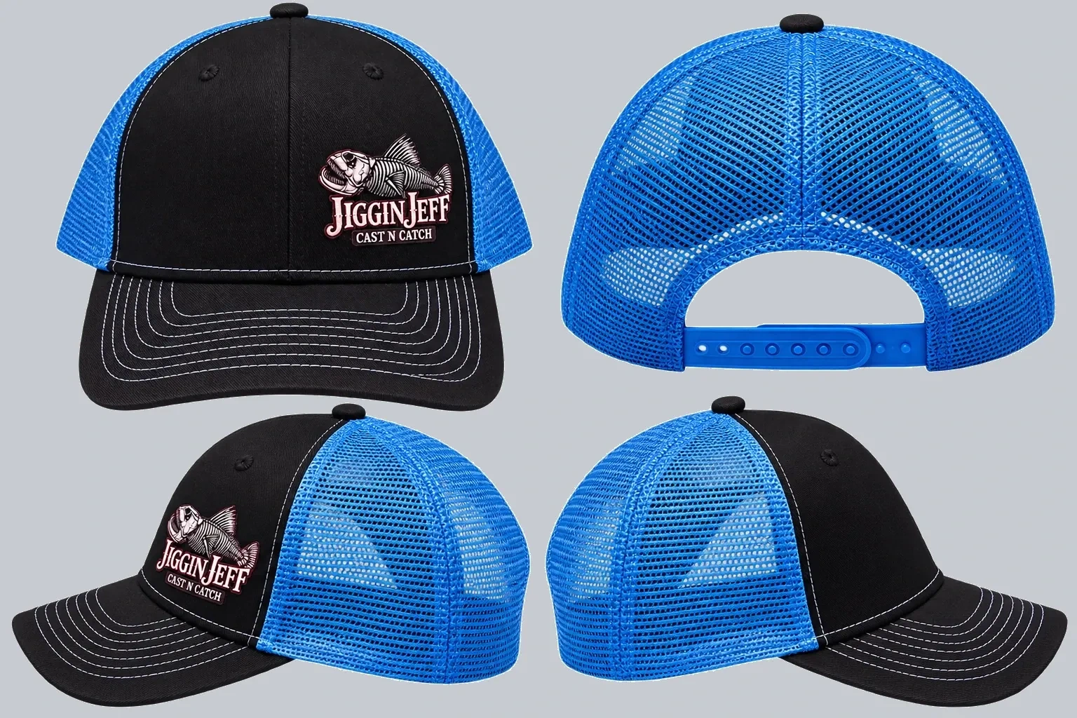 Black and Canyon Blue Jiggin Jeff Cast N Catch SnapBack shown from four angles