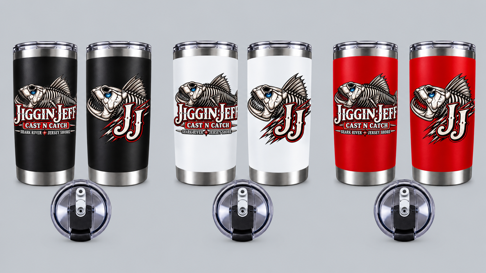 Black, white and red 20 oz Jiggin Jeff Cast N Catch tumbler examples with two graphics and lids