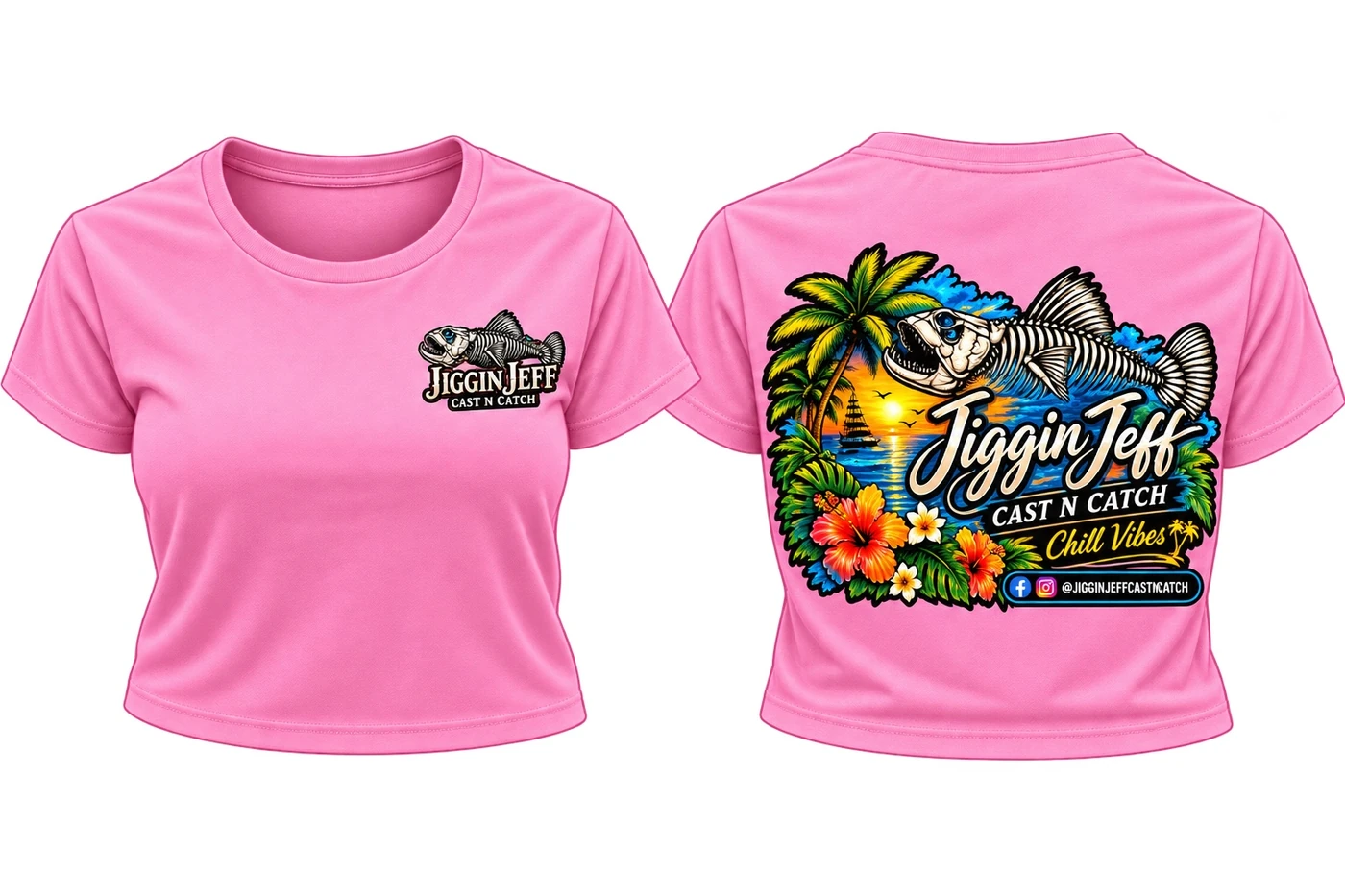 Front and back of pink Jiggin Jeff women's Chill Vibes crop top
