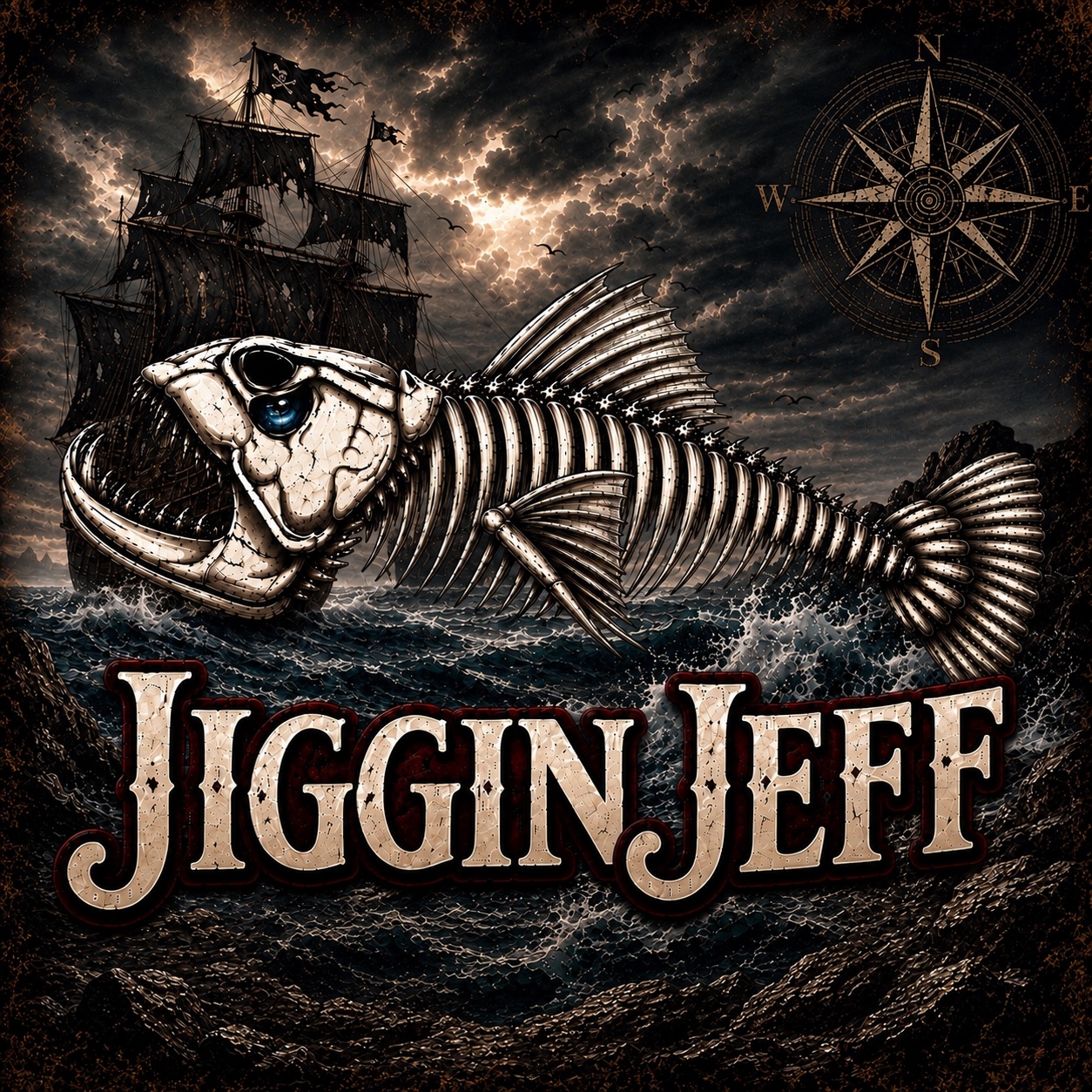 Jiggin Jeff logo with skeletal fish, stormy sea, ship and compass