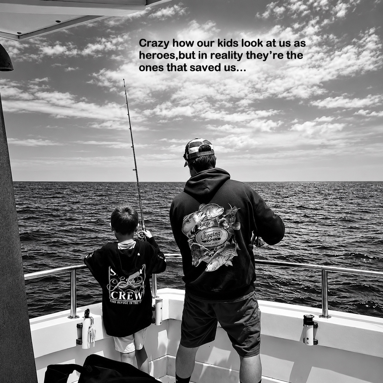 Black and white photo of a father and child fishing together from a boat